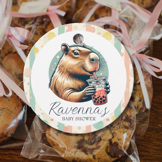 Striped Funny Capybara Custom Name Baby Shower Geschenkanhänger