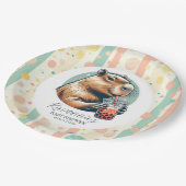 Striped Funny Capybara Custom Name Baby Shower Pappteller (Schrägansicht)