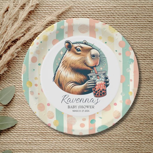 Striped Funny Capybara Custom Name Baby Shower Pappteller
