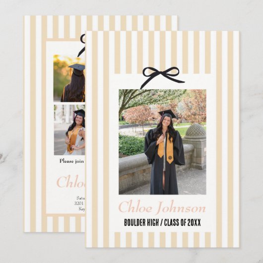  Striped Graduation Party Invitation With a Bow Einladung (Vorne/Hinten)