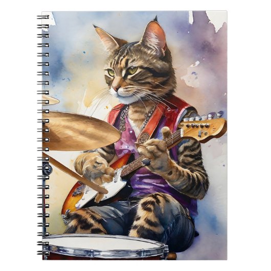 Striped Gray Tabby Cat Rock Star Gitarre spielen Notizblock (Vorderseite)