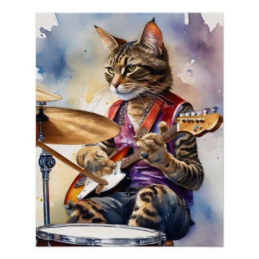 Striped Gray Tabby Cat Rock Star Gitarre spielen Poster (Vorderseite)