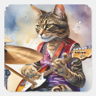 Striped Gray Tabby Cat Rock Star Gitarre spielen Quadratischer Aufkleber