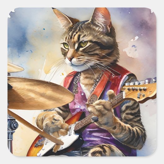 Striped Gray Tabby Cat Rock Star Gitarre spielen Quadratischer Aufkleber (Vorderseite)