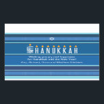 Striped Hanukka Candles Rechteckiger Aufkleber<br><div class="desc">Eine Menorah wird mit Typografie auf diesem gestreiften Hanukkah-Aufkleber gerendert. Das Wort "glücklich" dient auf seiner Seite als Shamash, während die anderen Buchstaben, die "Hanukkah" ausdrücken, als acht Hanukkah-Kerzen dienen. Der blau-tongestreifte Hintergrund erinnert an ein Tallicht. Fügen Sie unten eine persönliche Nachricht hinzu. Als Umschlag Aufkleber, als Geschenketikett oder als...</div>