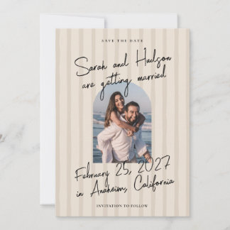 Striped Modern Handwritten Script Photo Wedding Save The Date