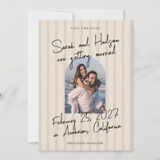 Striped Modern Handwritten Script Photo Wedding Save The Date (Vorderseite)