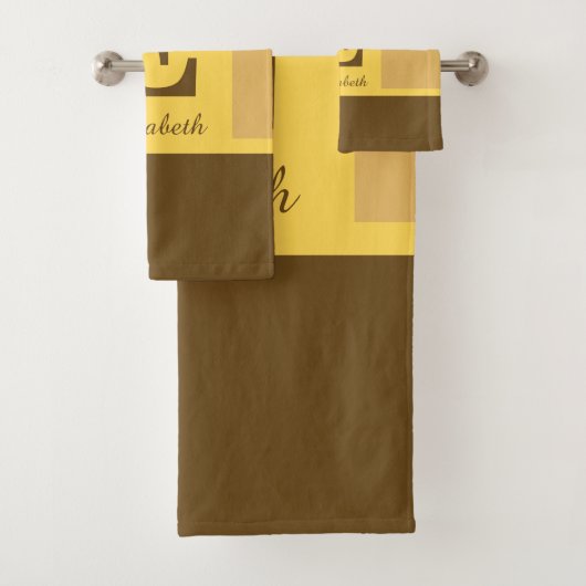 Striped Modernes, gelb-braunes Monogramm Badhandtuch Set (Insitu)
