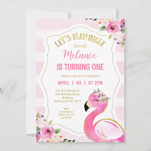 Striped Pink Let's Flamingle Flamingo Birthday Einladung (Vorderseite)