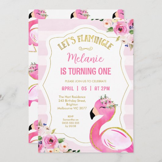 Striped Pink Let's Flamingle Flamingo Birthday Einladung (Vorne/Hinten)