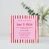 Striped Pink & Red Handwriting Wedding Einladung (Stehend Vorderseite)