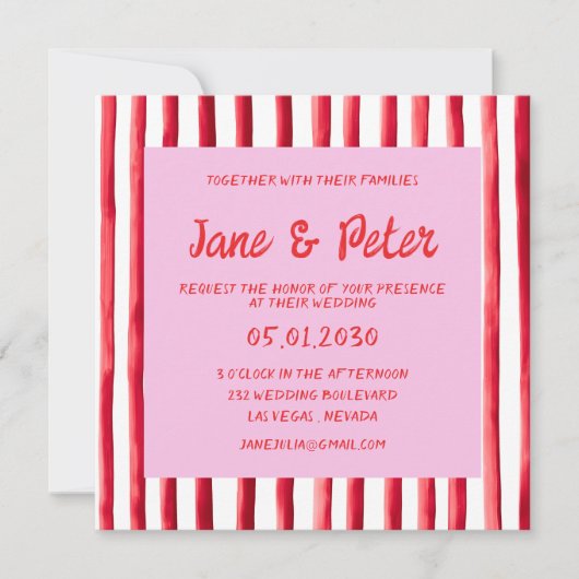 Striped Pink & Red Handwriting Wedding Einladung (Vorderseite)