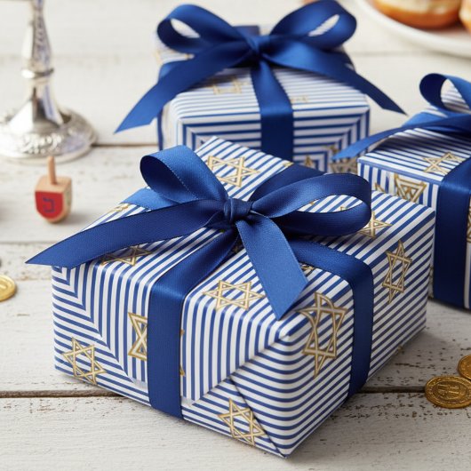 Striped Sapphire Blue Jewish Gold Star of David Geschenkpapier