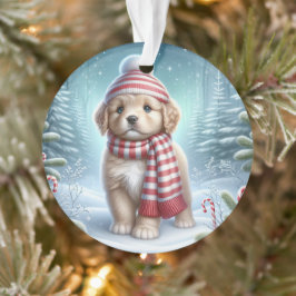 Striped Scarf Puppy & Candy Cane Glow  Ornament