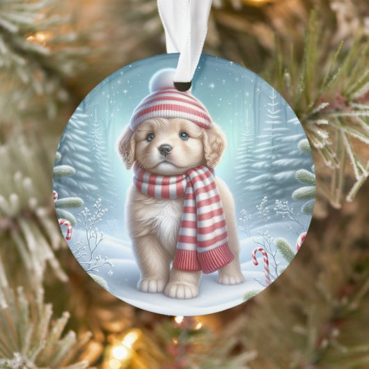 Striped Scarf Puppy & Candy Cane Glow  Ornament (Baum)