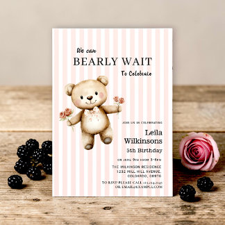 Striped Teddy Bear Floral "Bearly Wait" Birthday Einladung