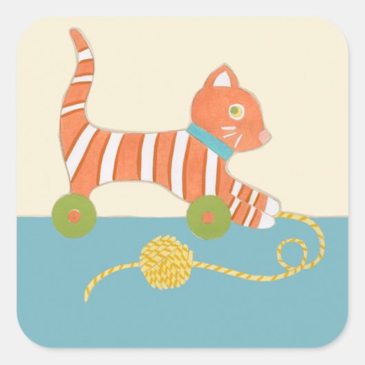 Striped Toy Cat mit Ball of String Quadratischer Aufkleber (Vorderseite)