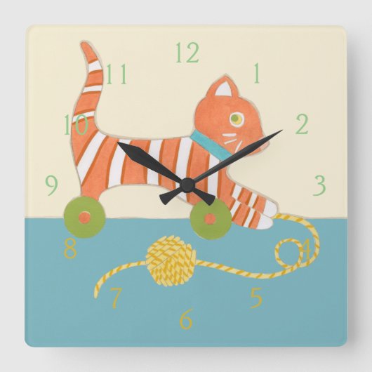 Striped Toy Cat with Ball of String Quadratische Wanduhr (Vorderseite)