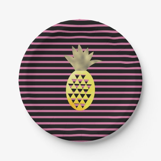 Striped Watercolor Gold Tropische Ananas Teller (Vorderseite)
