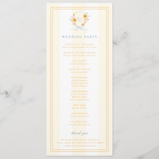 Stripes Floral Crest Monogram & Bow Spring Wedding Programm (Rückseite)