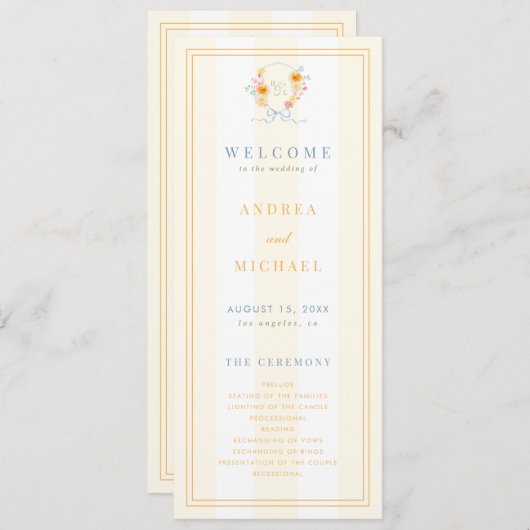 Stripes Floral Crest Monogram & Bow Spring Wedding Programm (Vorne/Hinten)