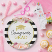 Stripes Floral Gold Glückwunschs Grad Graduierungs Pappteller (Party)