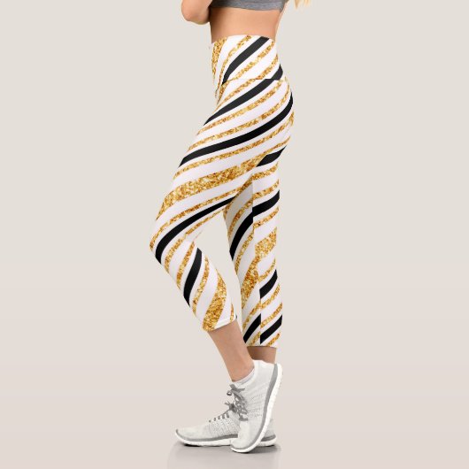 Stripes Gold Glitzer Black Boho Populäre Kollektio Capri Leggings (Links)
