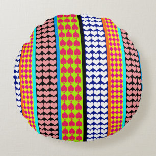 Stripes Hearts Diamonds Boho Mischdesign Rundes Kissen