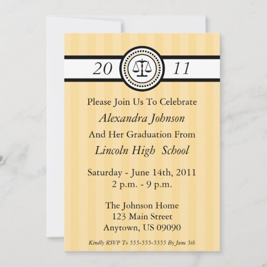 Stripes Law School Graduation Invitations (Gold) Einladung (Vorderseite)