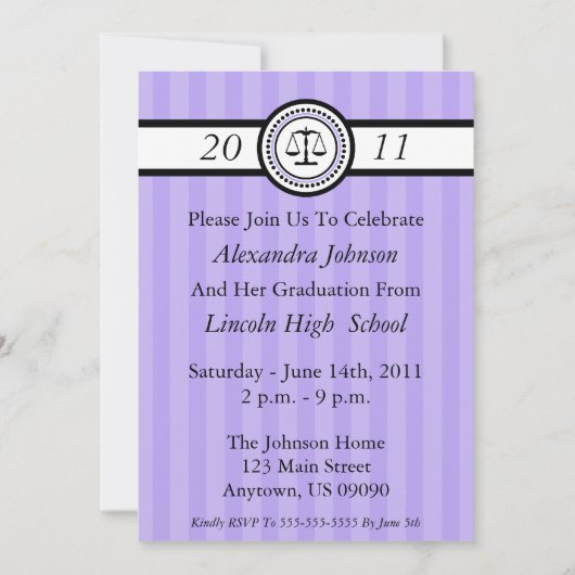 Stripes Law School Graduation Invitations (Violet) Einladung (Vorderseite)