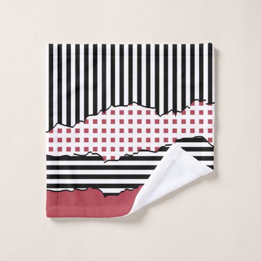 Stripes Net Schwarz, Weiß, Rot Layered Initialen Badhandtuch Set (Waschlappen)