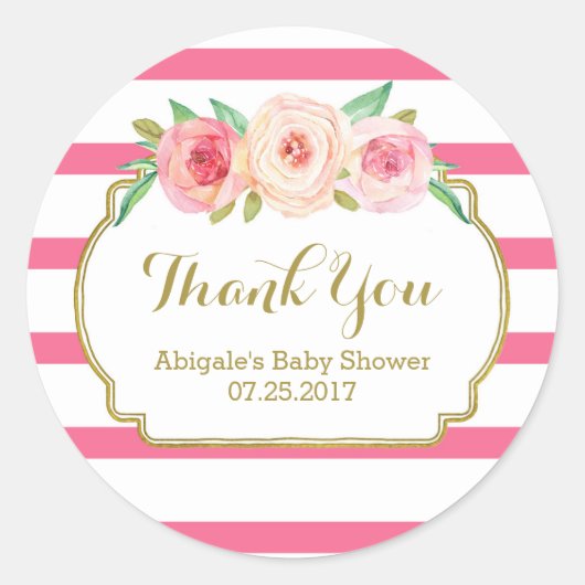 Stripes Pink Floral Gold Baby Dusche Fevor Tags Runder Aufkleber (Vorderseite)