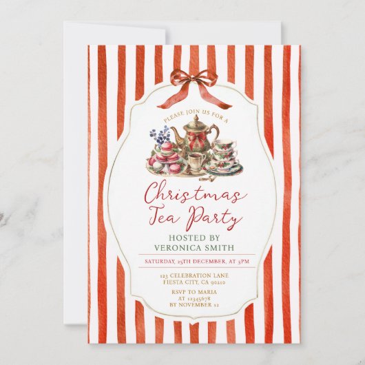 Stripes Red Bow Christmas Vintage Tea Party Einladung (Vorderseite)