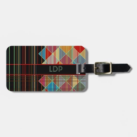 Stripte Dreiecksformen mit Initialen auf schwarz Gepäckanhänger (Vorderseite horizontal)