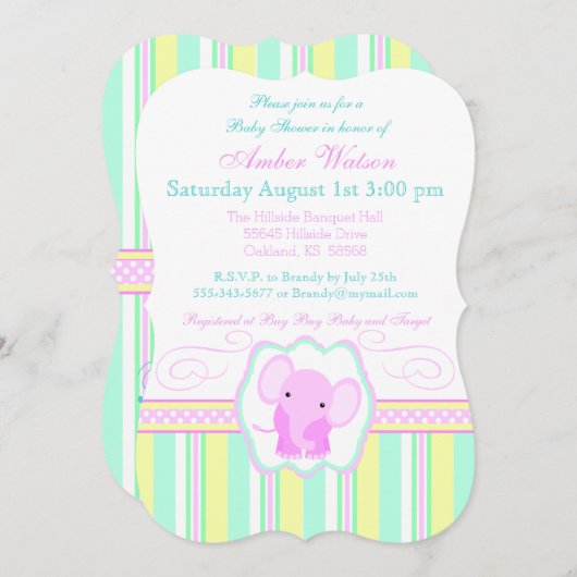 Stripte Elefant Babydusche Einladung (Vorne/Hinten)