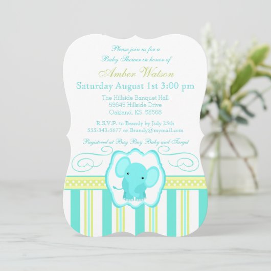 Stripte Elephant Babydusche Einladung (Stehend Vorderseite)