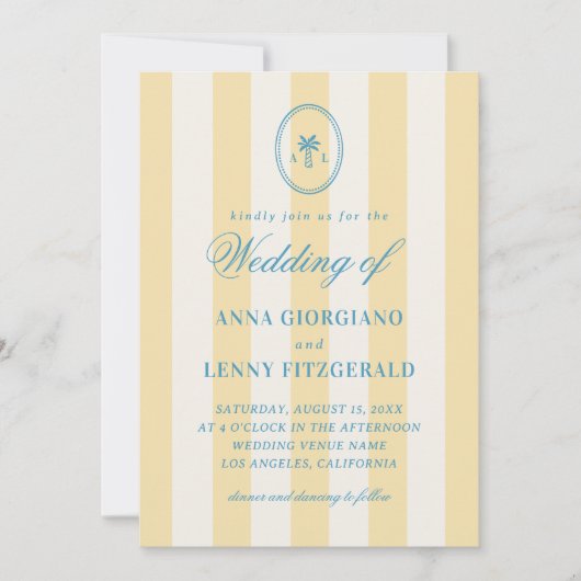 Stripte Palm Tree Monogram Classy Beach Wedding Einladung (Vorderseite)