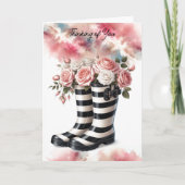 Stripte Regenstiefel und Rose Denken Sie an Sie Karte (Vorderseite)