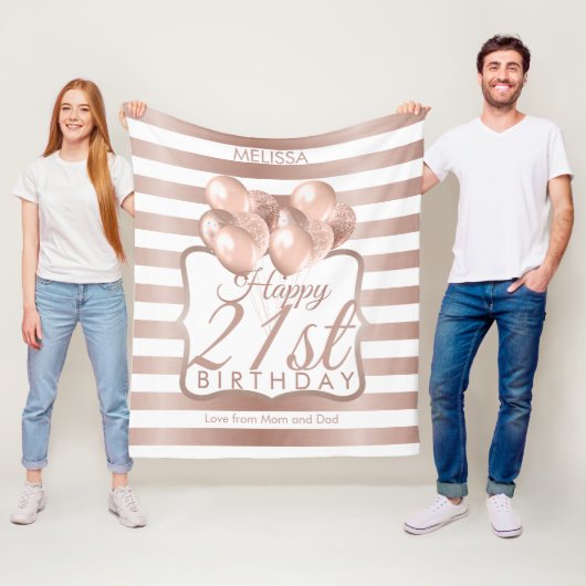 Stripte Rose Gold Ballons 21. Geburtstag Fleecedecke (Beispiel)