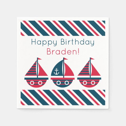 Stripte Sailboote Personalisiertes Party Napkins Serviette (Vorderseite)