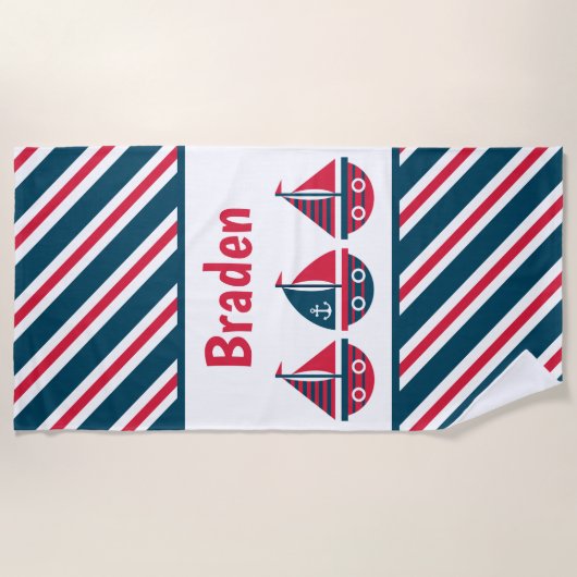 Stripte Segelboote Personalisiertes Badetuch (Vorderseite)