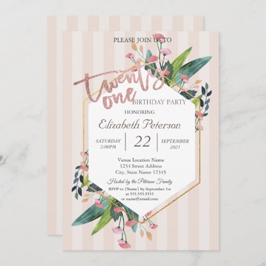 Stripter Blumenrahmen 21. Geburtstag Party Einladung (Vorne/Hinten)