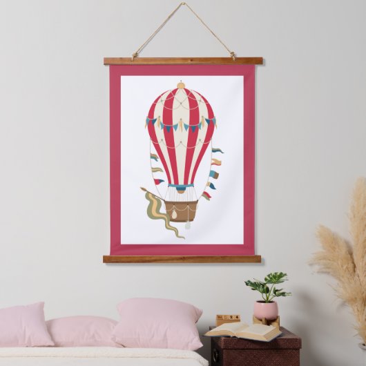 Stripter Red & White Steampunk Heißluftballon Wandteppich Mit Holzrahmen (Schlafzimmer)