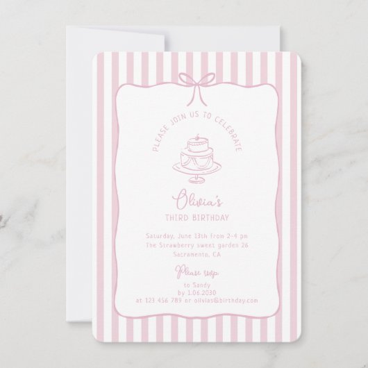 Striptes Rosa, Whimsikaler Bow, Geburtstag Einladung (Vorderseite)