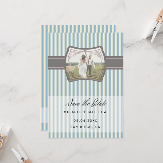 Striptes Vintages Foto Save the Date Hochzeit Einladung (Vorderseite/Rückseite Beispiel)
