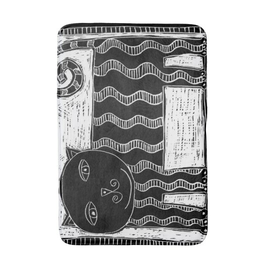 Stripy Black and White Cat Illustration Badematte (Vorderseite Vertikal)