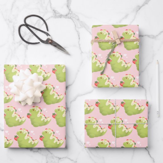 Strohbeer-Matcha-Dinosaurier Geschenkpapier Set (Vorderseite)