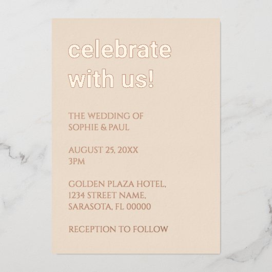 Strohbeige Hochzeitsfeier Rose Gold Foil Einladung (Vorderseite)