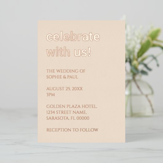 Strohbeige Hochzeitsfeier Rose Gold Foil Einladung (Stehend vorne)