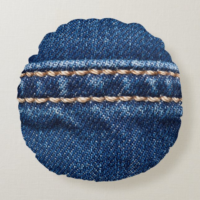 Strohdenim: Nähte Jeans Textur. Rundes Kissen (Vorderseite)